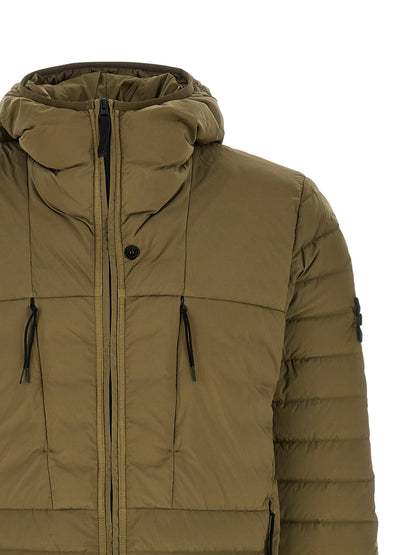 Hooded Puffer Jacket by Stone Island for men in polyamide & goose-down bicolour & green features an contemporary silhouette, showcasing a sophisticated hooded high-neck neckline and contemporary lightweight, pockets, hooded & insulated for a truly refined look.