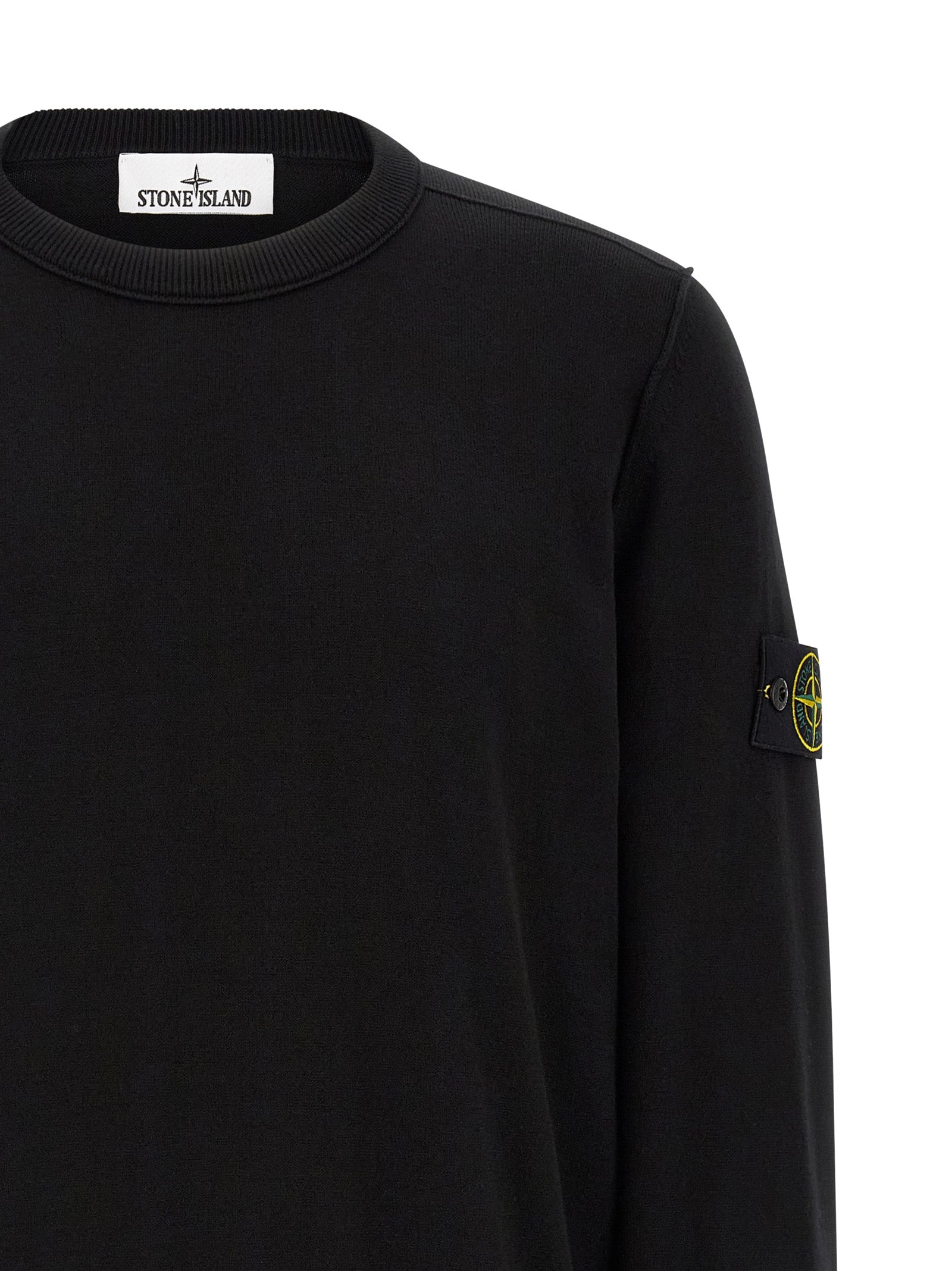 Cardigan by Stone Island for men in organic cotton black features a dramatic silhouette, showcasing a sophisticated crew neckline and dramatic detail for a timeless, premium look.