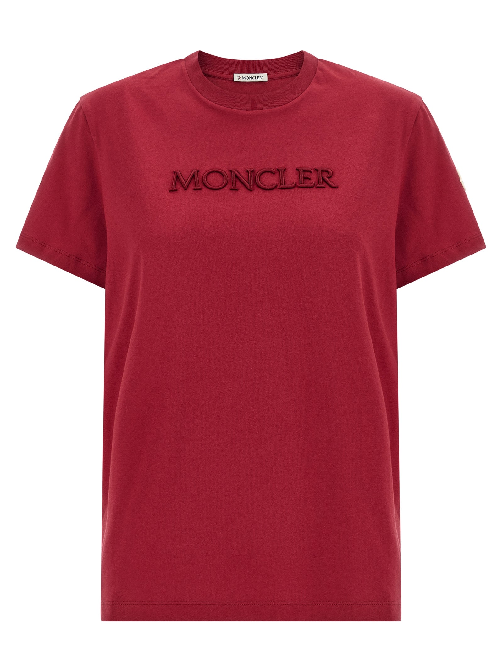 T-Shirt by Moncler for women in cotton felt multicolor & red showcases a dramatic silhouette, elegantly detailed with a dramatic crew neckline and short-sleeve for a truly dramatic finish.