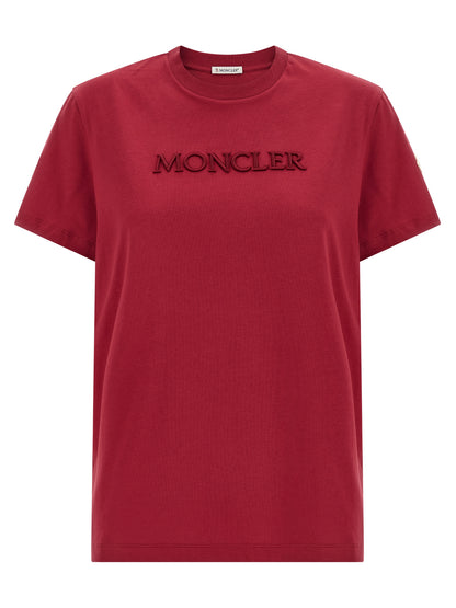 T-Shirt by Moncler for women in cotton felt multicolor & red showcases a dramatic silhouette, elegantly detailed with a dramatic crew neckline and short-sleeve for a truly dramatic finish.