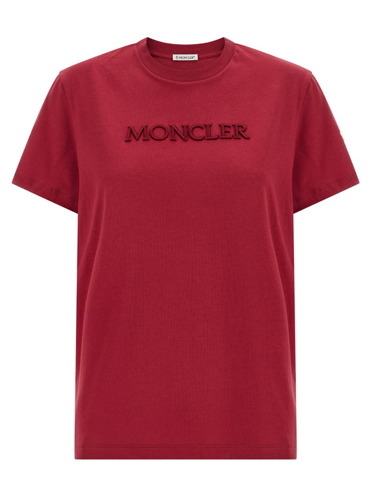 T-Shirt by Moncler for women in cotton felt multicolor & red showcases a dramatic silhouette, elegantly detailed with a dramatic crew neckline and short-sleeve for a truly dramatic finish.