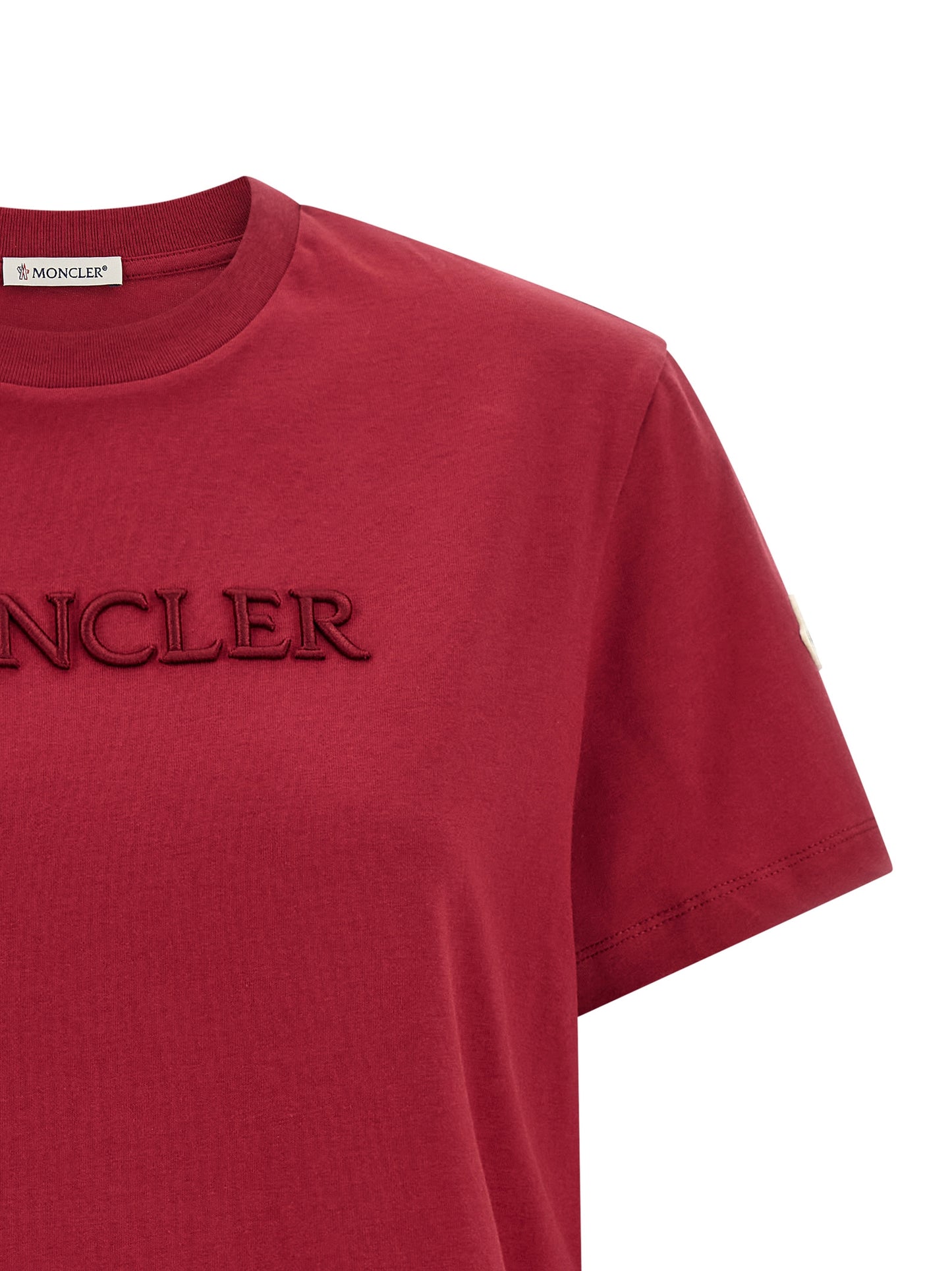 T-Shirt by Moncler for women in cotton felt multicolor & red features a plush silhouette, showcasing a sophisticated crew neckline and for a truly plush finish.