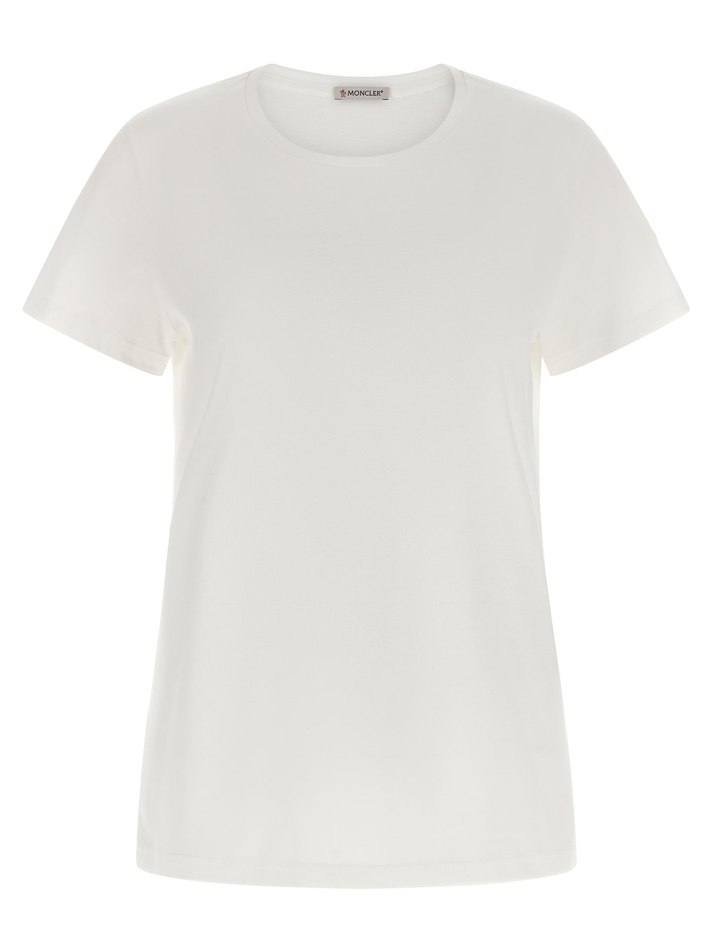 T-Shirt by Moncler for women in cotton felt white features a plush silhouette, showcasing a sophisticated and short-sleeve for a truly plush finish.