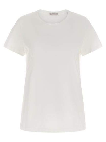 T-Shirt by Moncler for women in cotton felt white features a plush silhouette, showcasing a sophisticated and short-sleeve for a truly plush finish.
