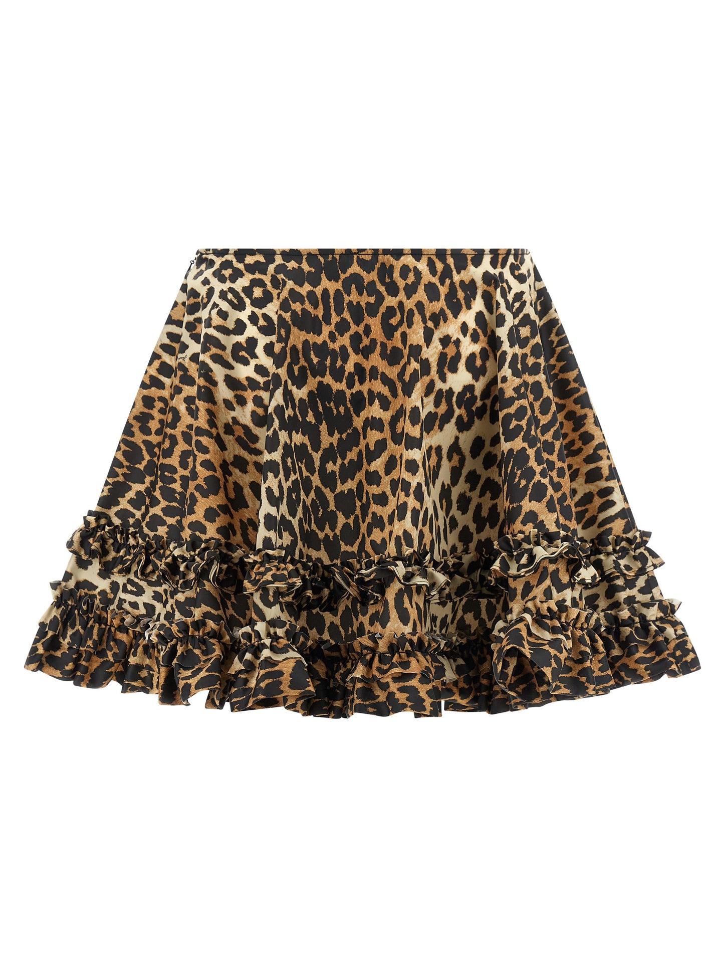 Skirt by Ganni for women in nylon brown, leopard-print & print showcases a dramatic silhouette, artfully capturing the essence of the Women's Flared Nylon Mini Long Skirt in a dramatic mini long cut for a refined look.