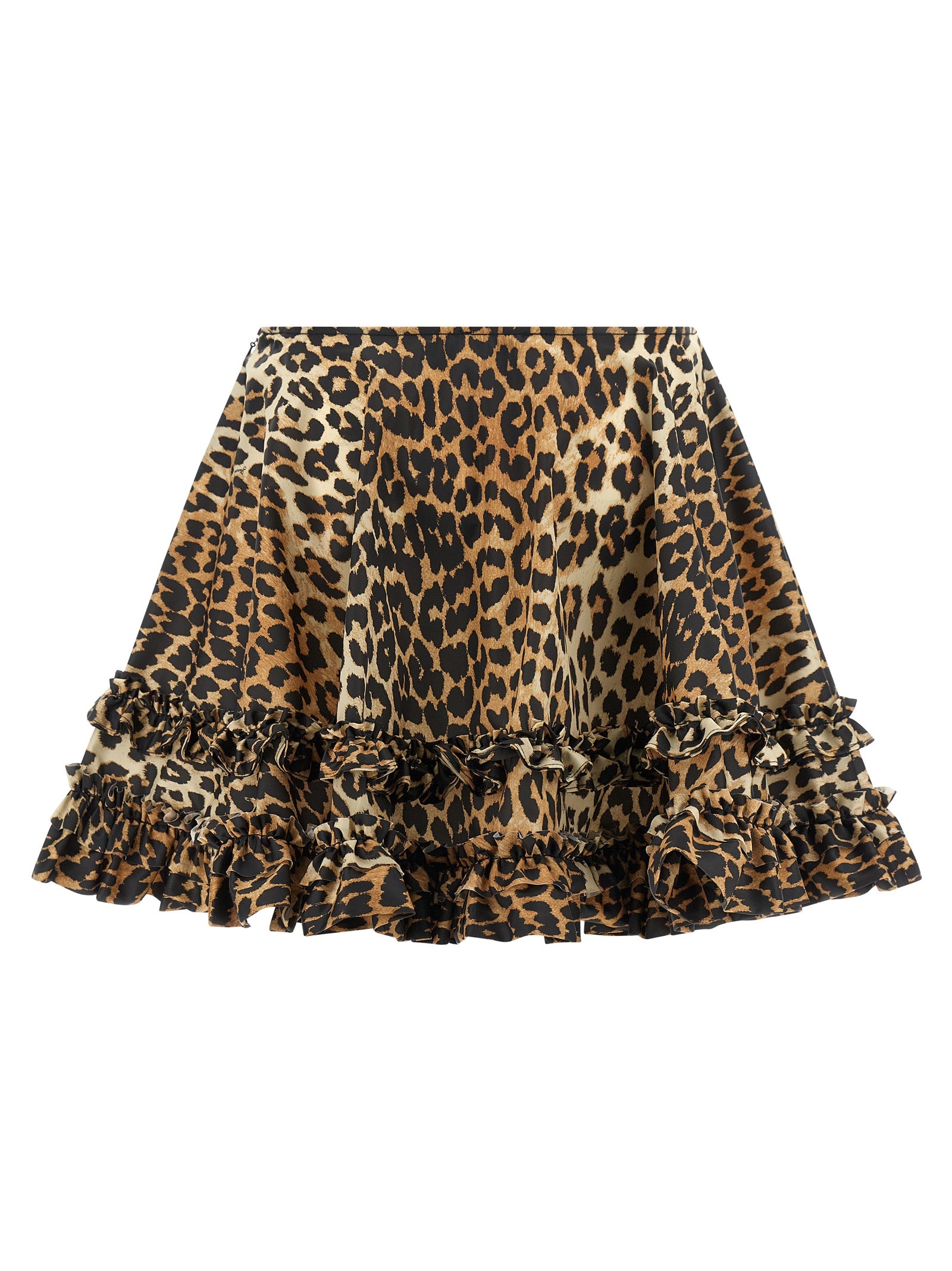 Skirt by Ganni for women in nylon brown, leopard-print & print showcases a dramatic silhouette, artfully capturing the essence of the Women's Flared Nylon Mini Long Skirt in a dramatic mini long cut for a refined look.