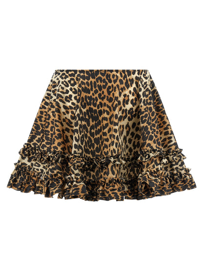 Skirt by Ganni for women in nylon brown, leopard-print & print showcases a dramatic silhouette, artfully capturing the essence of the Women's Flared Nylon Mini Long Skirt in a dramatic mini long cut for a refined look.