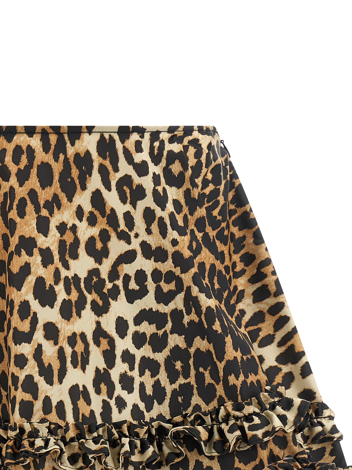 Skirt by Ganni for women in nylon brown, leopard-print & print showcases a sultry silhouette, elegantly defined by its mini long and the sophisticated sultry design of the Women's Flared Nylon Mini Long Skirt.
