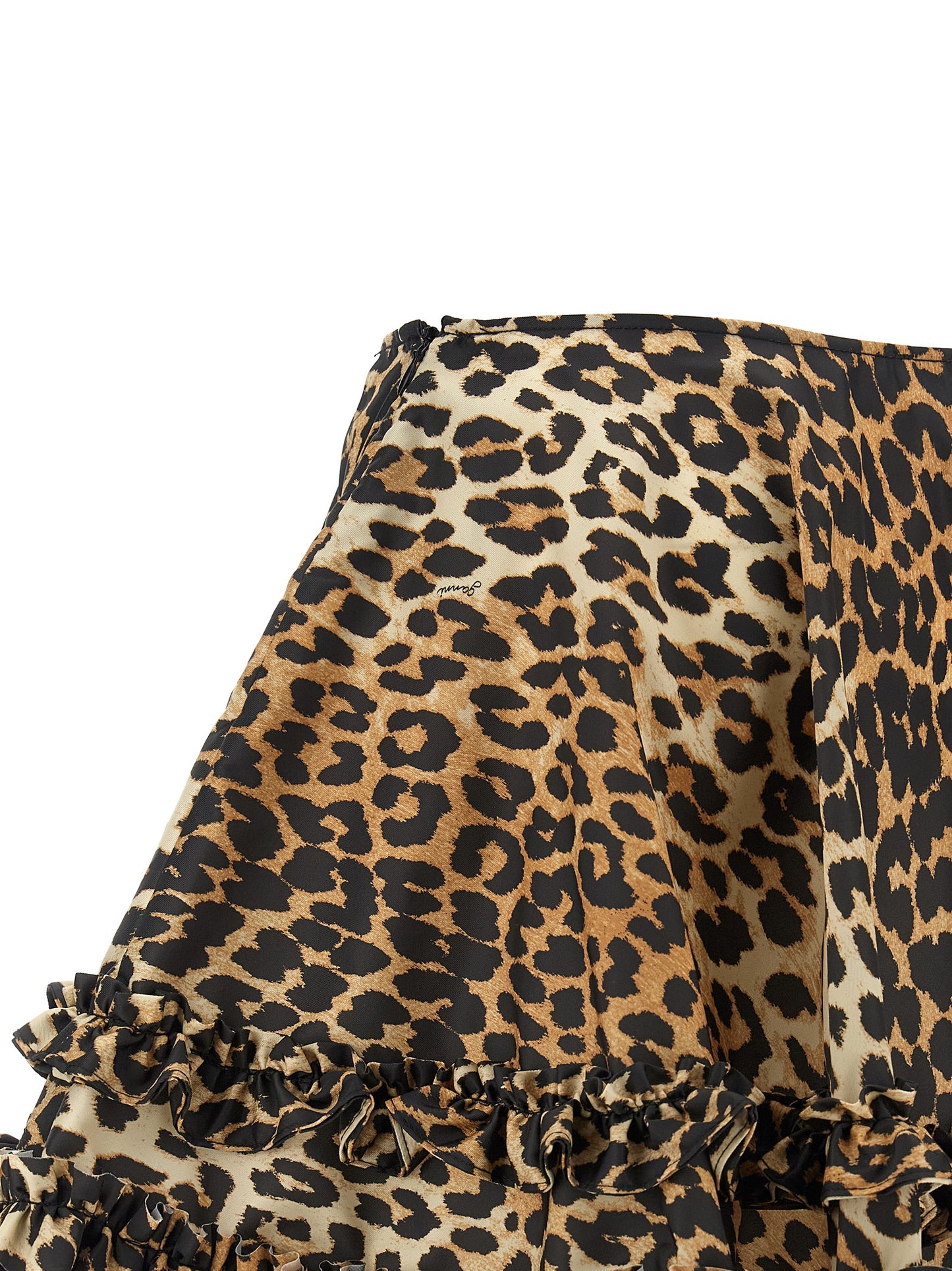 Skirt by Ganni for women in nylon brown, leopard-print & print features an tailored silhouette, artfully capturing the essence of Women's Flared Nylon Mini Long Skirt in a sophisticated mini long.