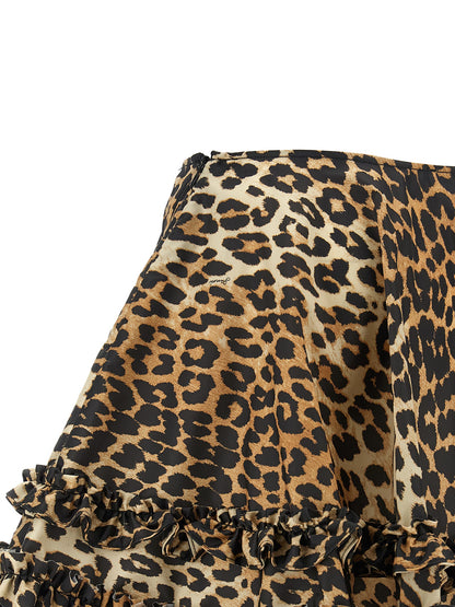 Skirt by Ganni for women in nylon brown, leopard-print & print features an tailored silhouette, artfully capturing the essence of Women's Flared Nylon Mini Long Skirt in a sophisticated mini long.
