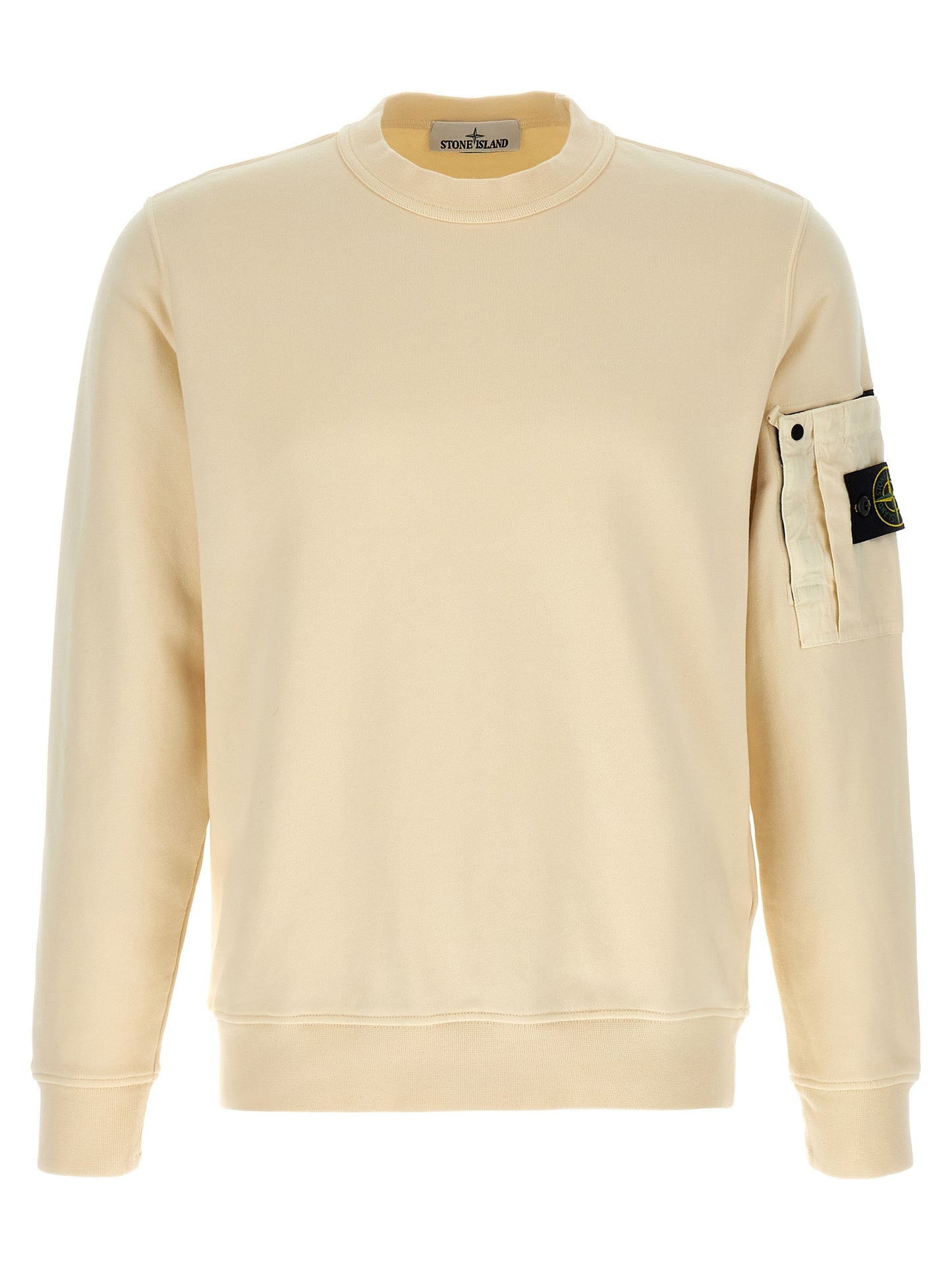 Sweatshirt by Stone Island for men in cotton beige features an provocated silhouette, detailed with a provocated long-sleeve and a refined crew neckline for a sophisticated aesthetic.