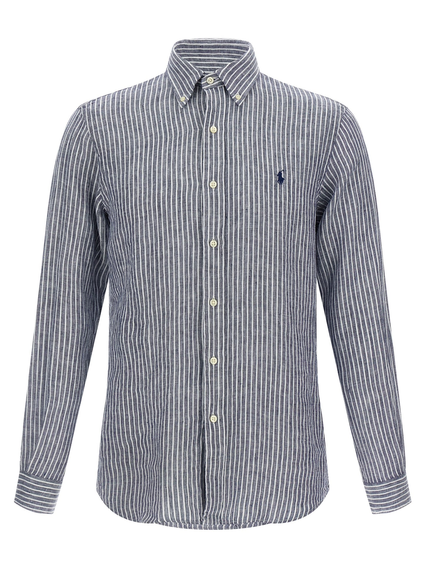 Shirt by Polo Ralph Lauren for men in linen blue & striped presents a discerning silhouette, showcasing a sophisticated and long-sleeve for a truly discerning finish.