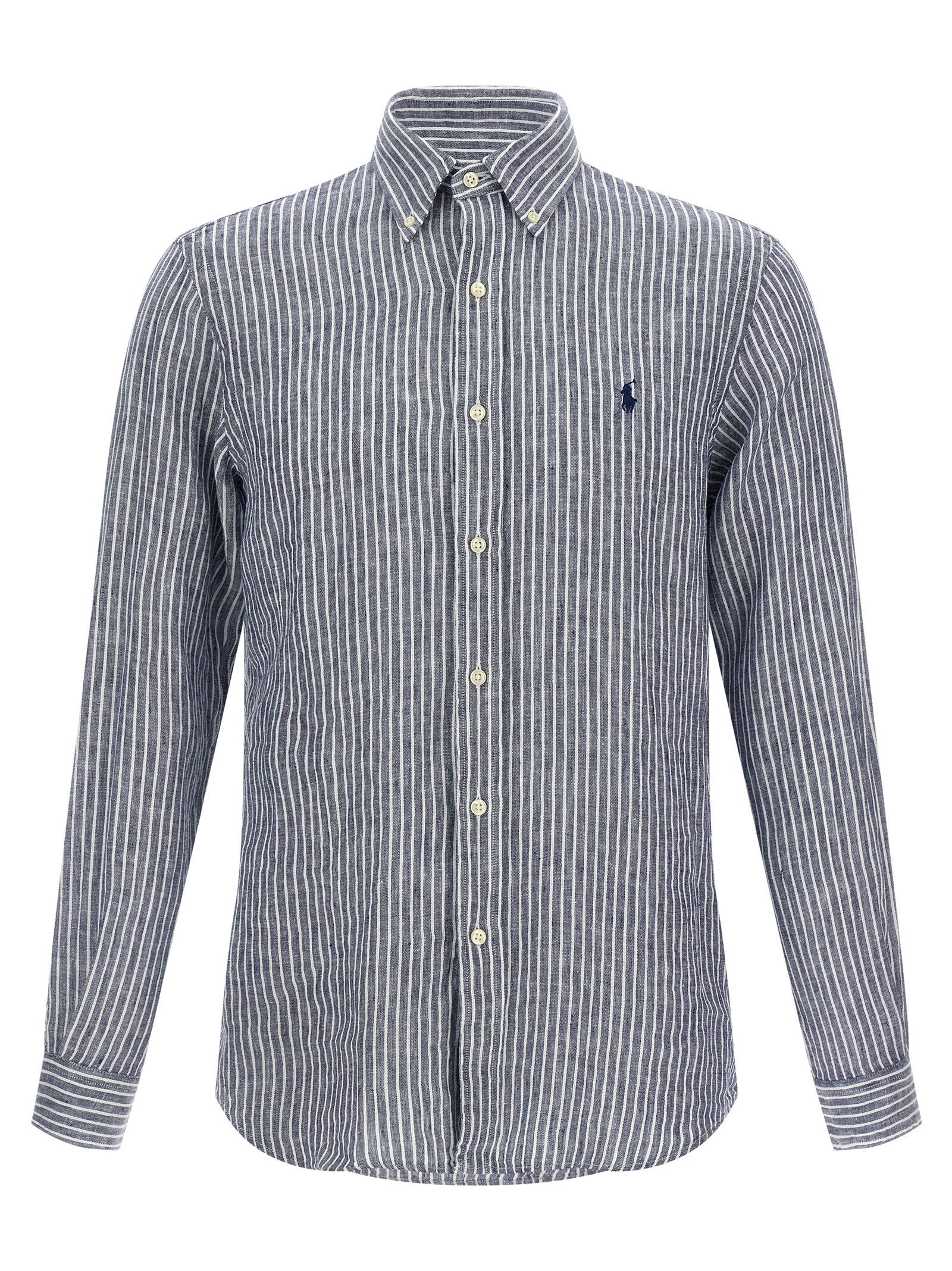 Shirt by Polo Ralph Lauren for men in linen blue & striped presents a discerning silhouette, showcasing a sophisticated and long-sleeve for a truly discerning finish.