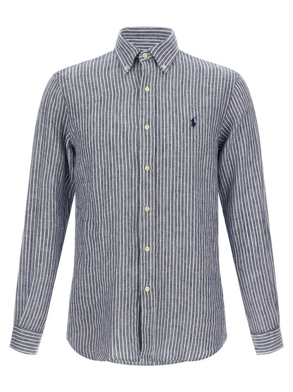 Shirt by Polo Ralph Lauren for men in linen blue & striped presents a discerning silhouette, showcasing a sophisticated and long-sleeve for a truly discerning finish.