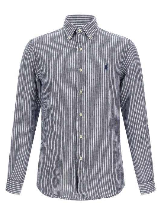 Shirt by Polo Ralph Lauren for men in linen blue & striped presents a discerning silhouette, showcasing a sophisticated and long-sleeve for a truly discerning finish.