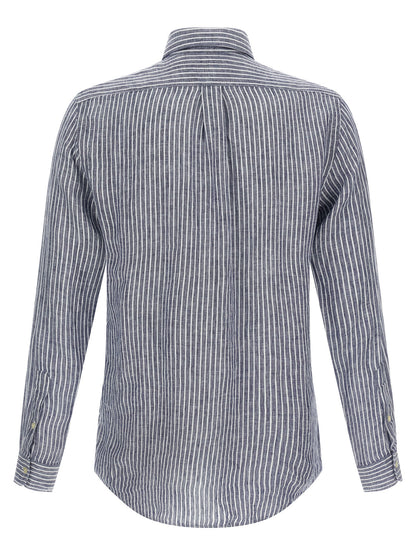 Shirt by Polo Ralph Lauren for men in linen blue & striped showcases a sharp silhouette, elegantly detailed with a sharp and sharp .