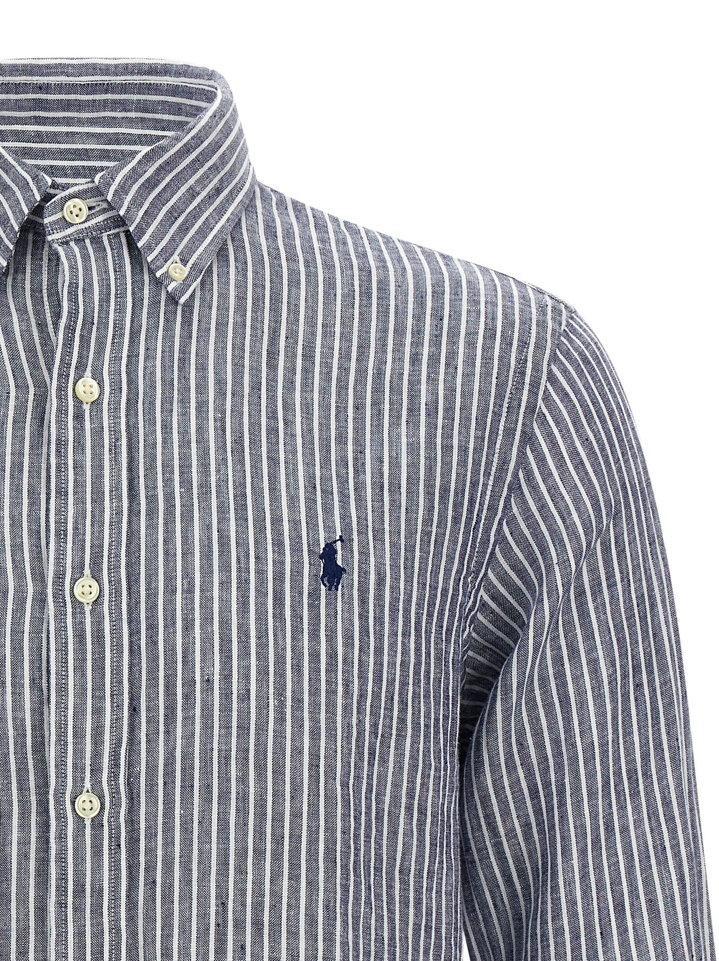 Shirt by Polo Ralph Lauren for men in linen blue & striped showcases a sleek silhouette, elegantly detailed with a sleek and for a sleek finish.