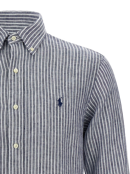 Shirt by Polo Ralph Lauren for men in linen blue & striped showcases a sleek silhouette, elegantly detailed with a sleek and for a sleek finish.