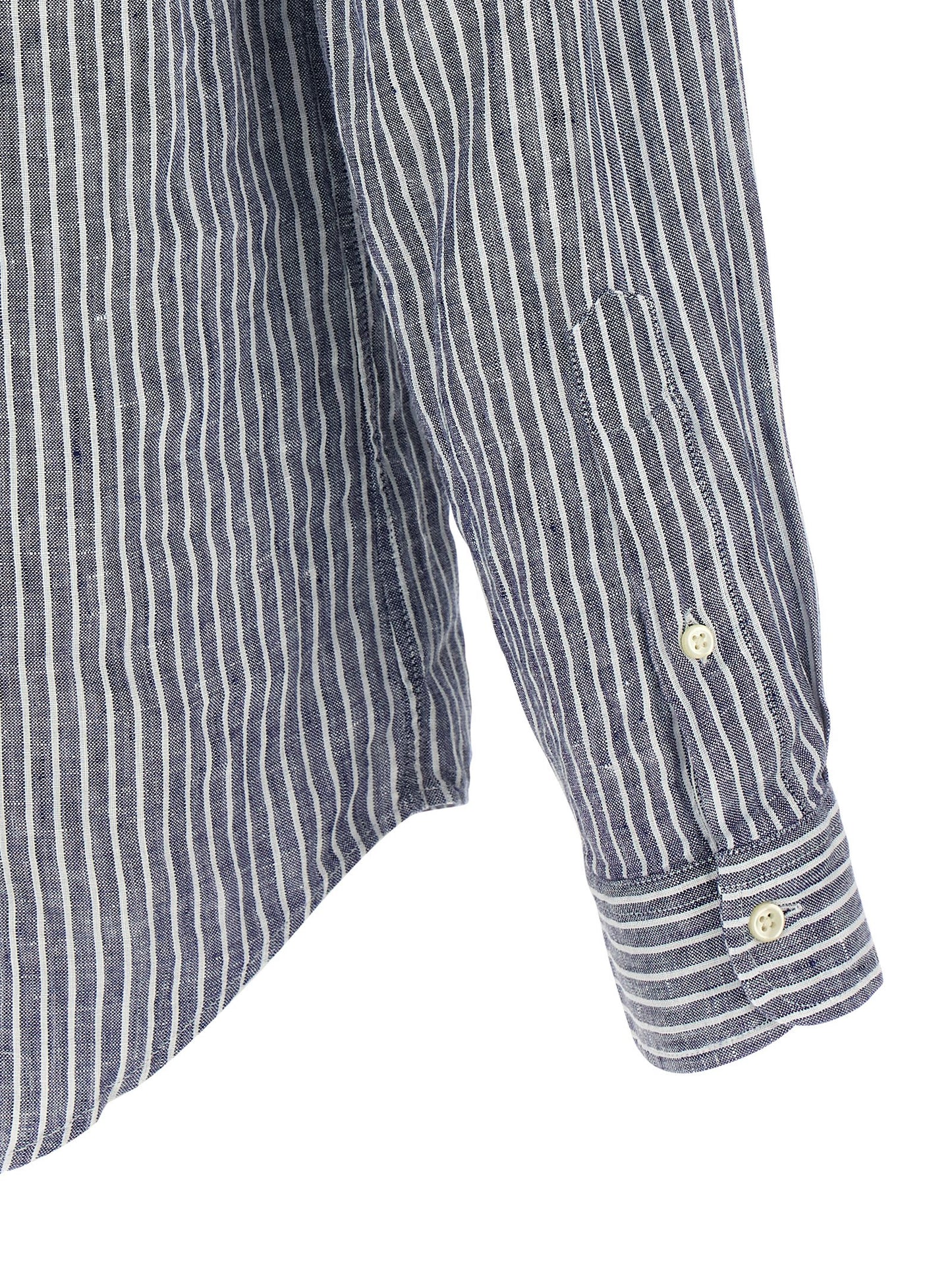 Shirt by Polo Ralph Lauren for men in linen blue & striped features an architectural silhouette with a refined and elegant for a architectural look.