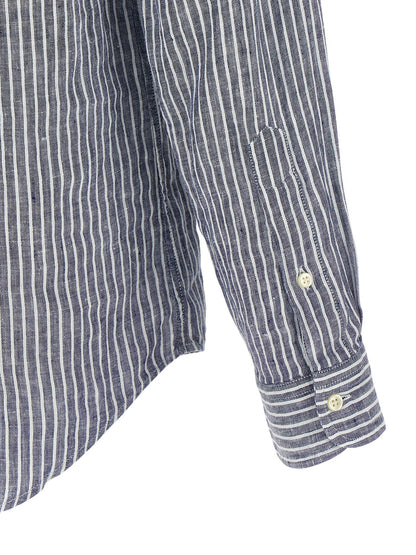 Shirt by Polo Ralph Lauren for men in linen blue & striped features an architectural silhouette with a refined and elegant for a architectural look.