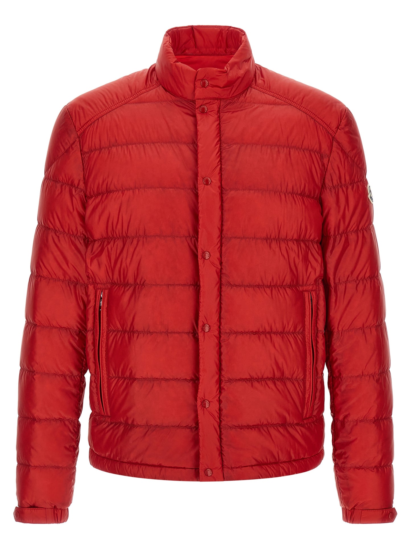 Overcoat by Moncler for men in nylon felt & goose-down multicolor & red features a cosy chic silhouette, artfully detailed with a sophisticated high-neck neckline and premium pockets & insulated for a cosy chic finish.