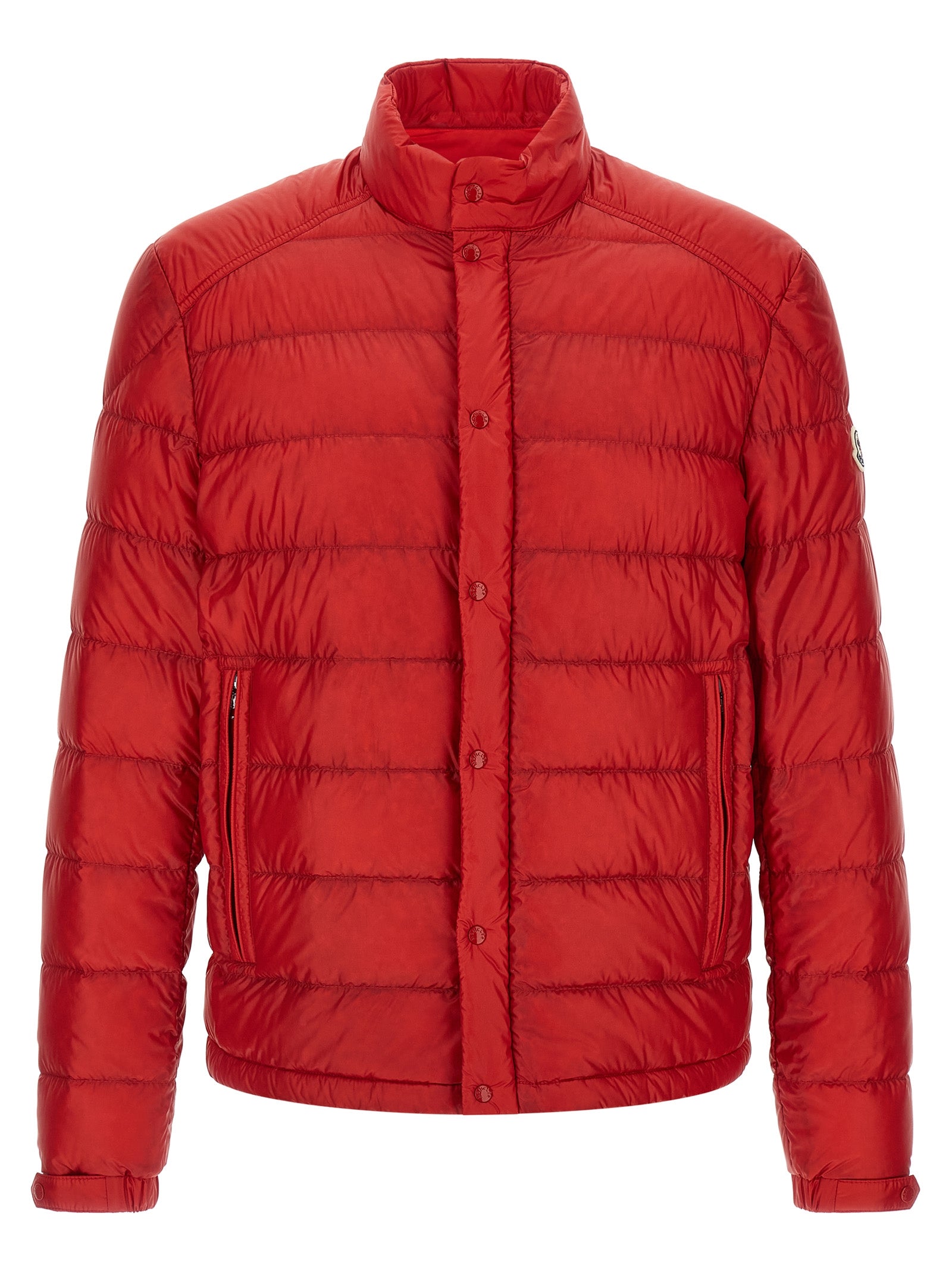 Overcoat by Moncler for men in nylon felt & goose-down multicolor & red features a cosy chic silhouette, artfully detailed with a sophisticated high-neck neckline and premium pockets & insulated for a cosy chic finish.