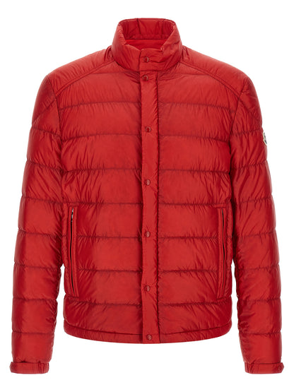 Overcoat by Moncler for men in nylon felt & goose-down multicolor & red features a cosy chic silhouette, artfully detailed with a sophisticated high-neck neckline and premium pockets & insulated for a cosy chic finish.