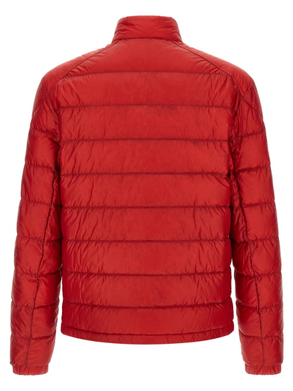 Overcoat by Moncler for men in nylon felt & goose-down multicolor & red presents a luxurious silhouette, showcasing a luxurious high-neck neckline and sophisticated pockets & insulated for a premium, luxurious look.