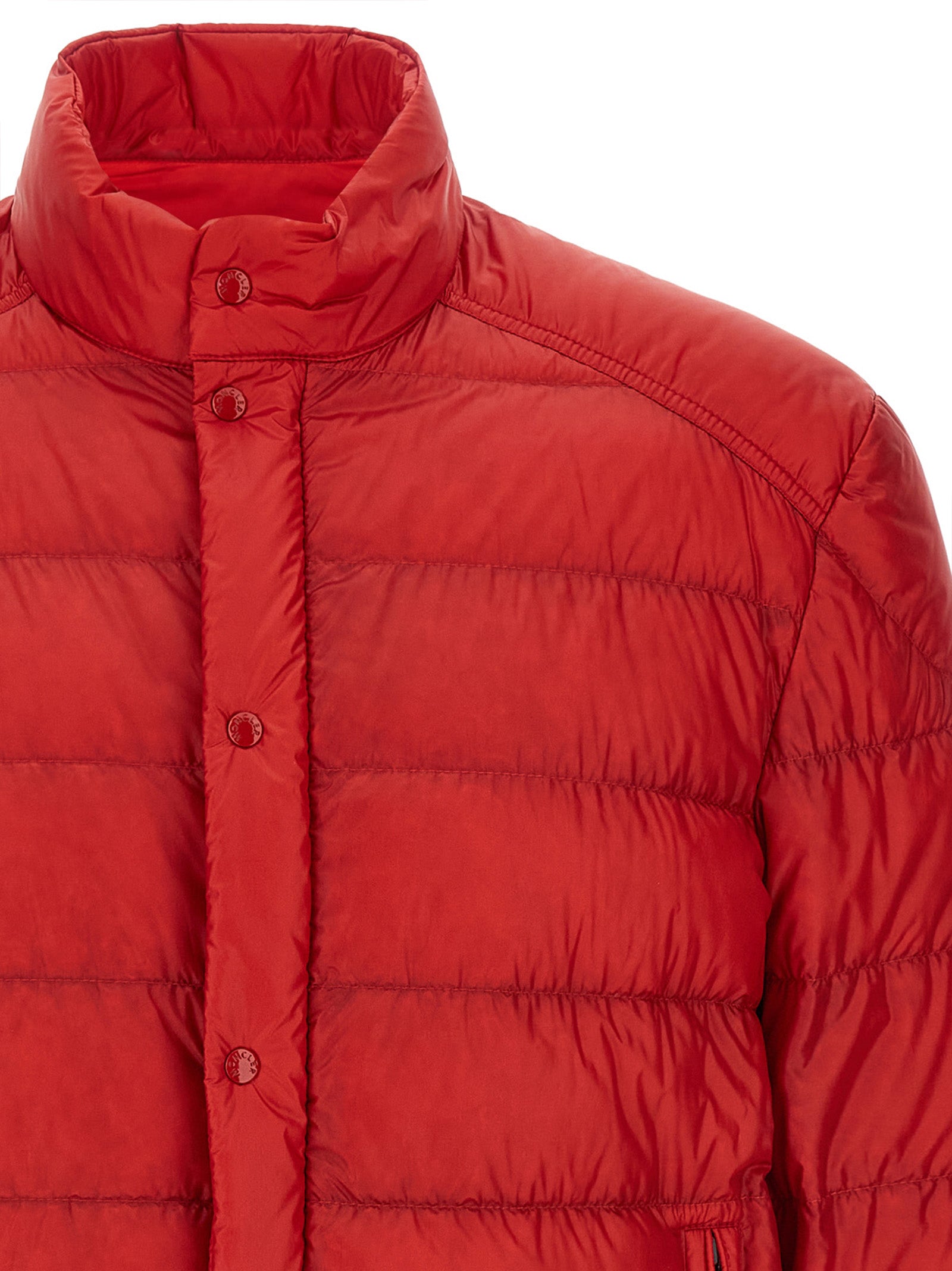 Overcoat by Moncler for men in nylon felt & goose-down multicolor & red showcases a architectural silhouette, artfully detailed with a distinctive high-neck neckline and functional pockets & insulated for a architectural finish.