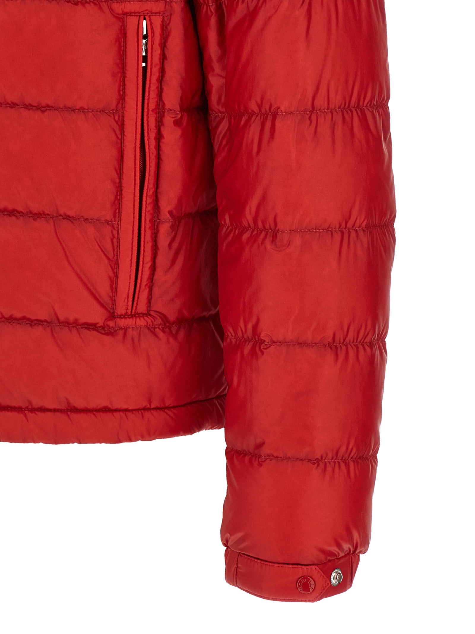 Overcoat by Moncler for men in nylon felt & goose-down multicolor & red showcases a enveloping silhouette, detailed with distinctive pockets & insulated and a enveloping high-neck neckline.