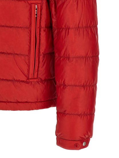 Overcoat by Moncler for men in nylon felt & goose-down multicolor & red showcases a enveloping silhouette, detailed with distinctive pockets & insulated and a enveloping high-neck neckline.