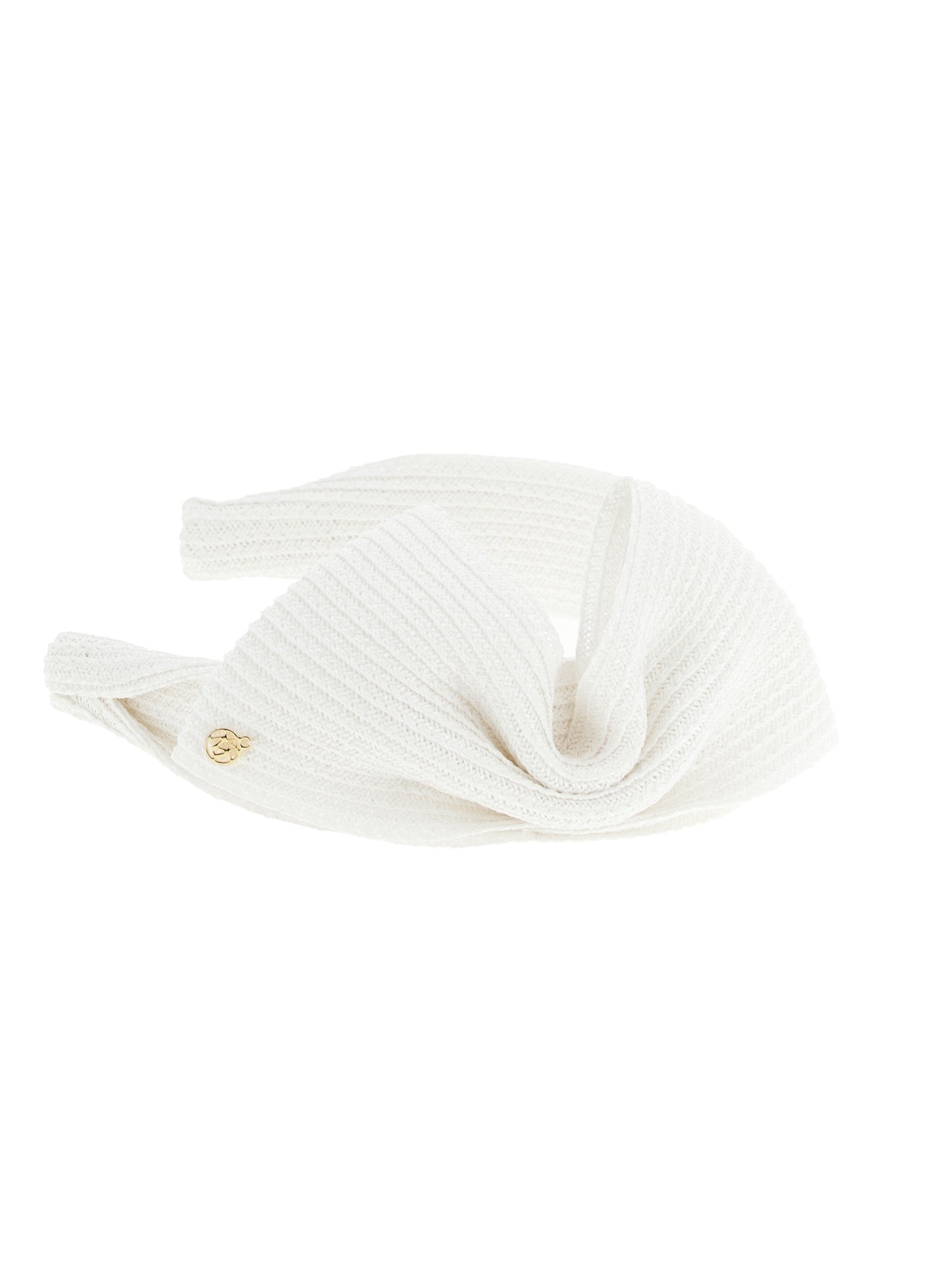 Headband by Maison Michel for women in denim cotton white features an ornamental finish, perfectly showcasing the sophisticated ornamental design of the Hemp & Straw Headband.
