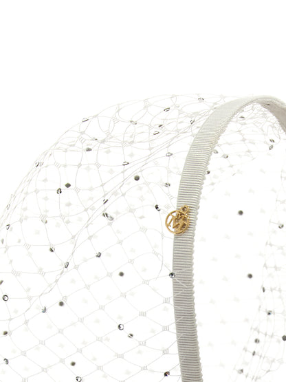 Headband by Maison Michel for women in denim cotton white features a ornamental silhouette, artfully capturing the essence of the ornamental Polyamide & Rhinestone Headband design for a sophisticated look.