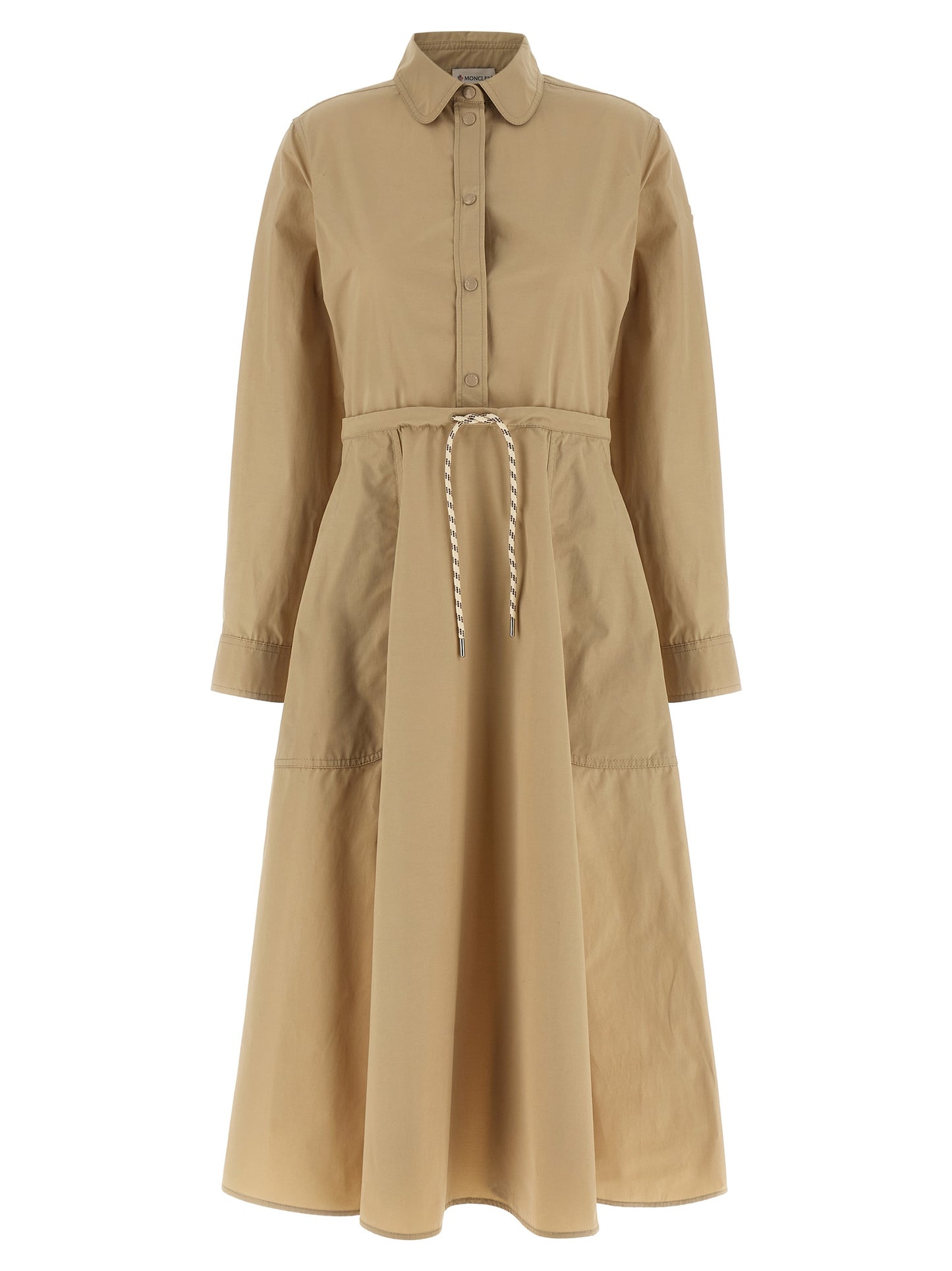 Dress by Moncler for women in cotton polyester felt beige features an sultry silhouette defined by a and , falling to an sultry midi long for a sultry look.