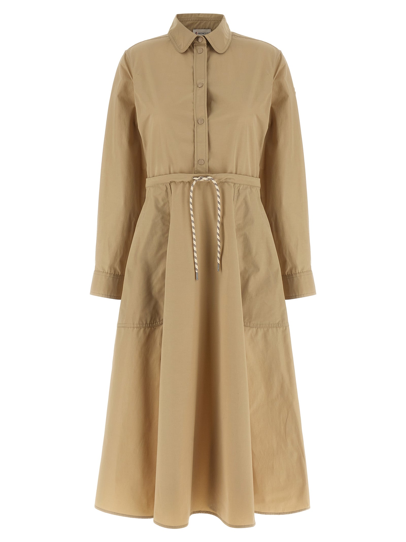 Dress by Moncler for women in cotton polyester felt beige features an sultry silhouette defined by a and , falling to an sultry midi long for a sultry look.