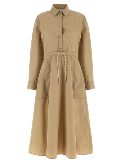 Dress by Moncler for women in cotton polyester felt beige features an sultry silhouette defined by a and , falling to an sultry midi long for a sultry look.