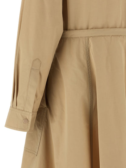 Dress by Moncler for women in cotton polyester felt beige features an eye catching silhouette with a sophisticated , elegant , and a refined midi long for a eye catching aesthetic.