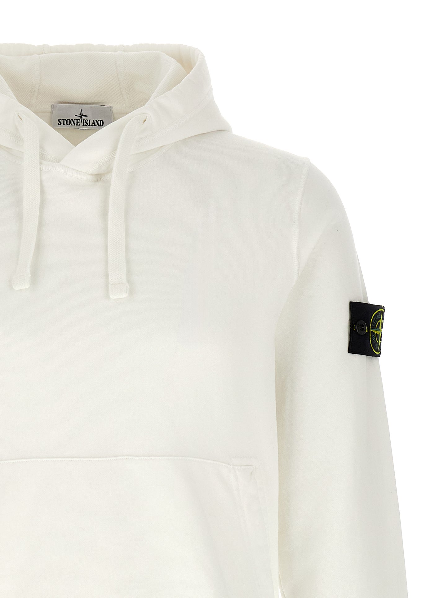 Sweatshirt Hoodie by Stone Island for men in cotton white features an dramatic silhouette, showcasing a sophisticated hooded neckline and dramatic for a refined, modern aesthetic.