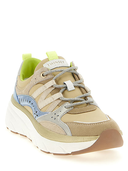 Athletic Sneakers by Twinset for women in polyethylene polyurethane suede leather multicolor showcases an impeccable silhouette, defined by an impeccable athletic style design that perfectly captures the essence of the Women's Athletic Polyethylene Polyurethane Suede Leather Sneakers.