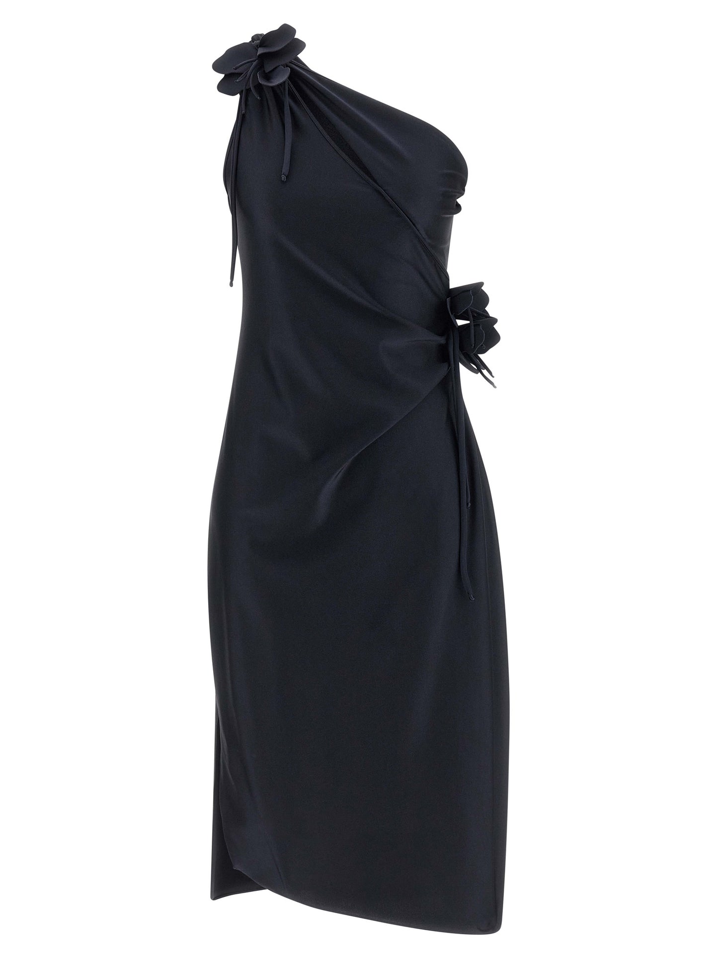 Dress by Coperni for women in stretch polyamide black features a dramatic silhouette, showcasing an elegant split asymmetric neckline and sleeveless that flows into a dramatic midi.