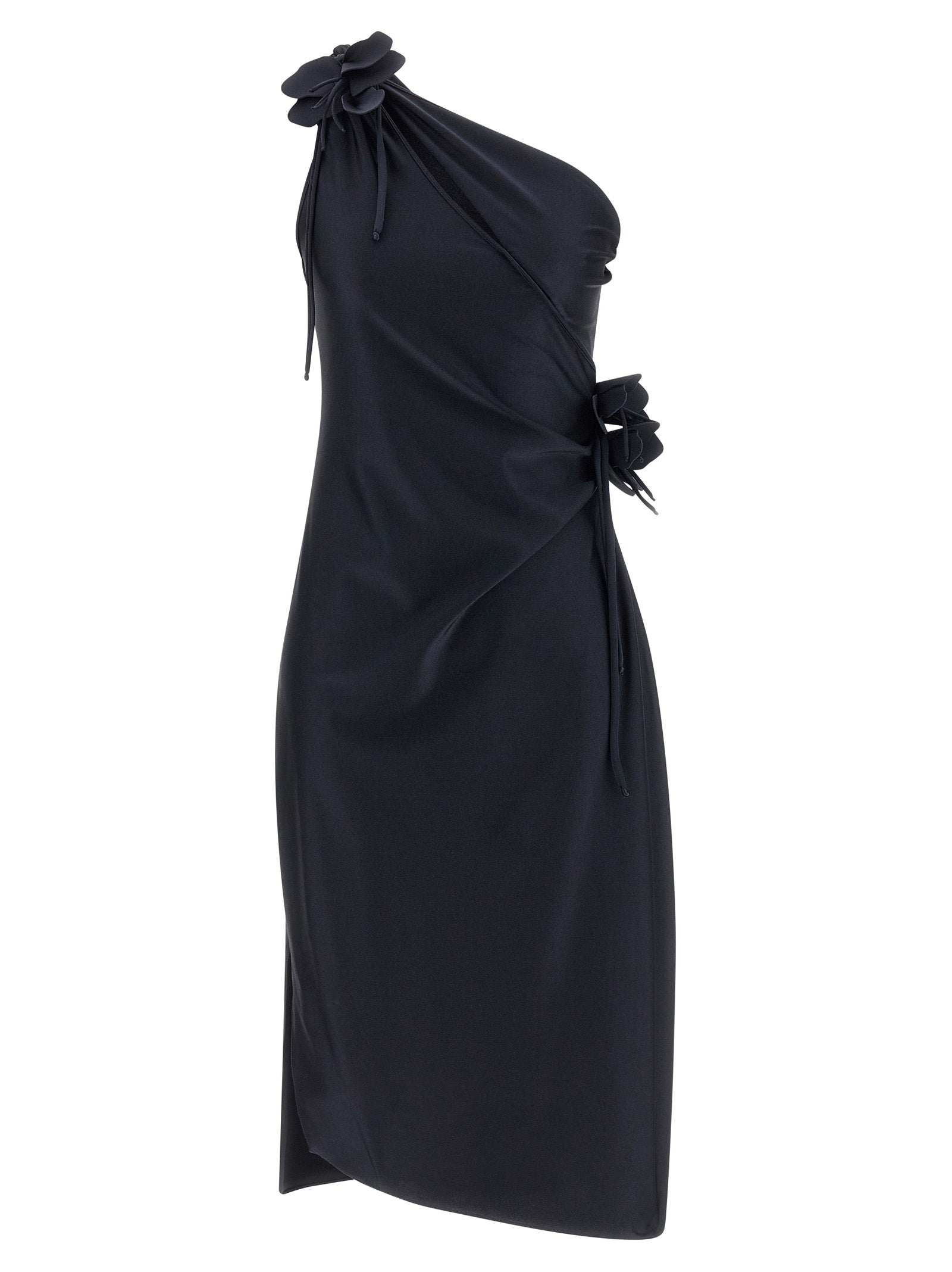 Dress by Coperni for women in stretch polyamide black features a dramatic silhouette, showcasing an elegant split asymmetric neckline and sleeveless that flows into a dramatic midi.