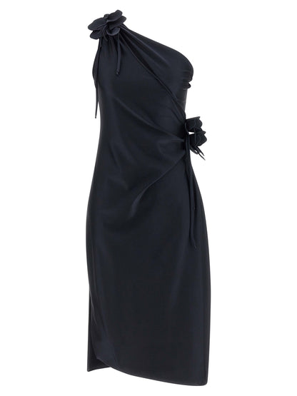 Dress by Coperni for women in stretch polyamide black features a dramatic silhouette, showcasing an elegant split asymmetric neckline and sleeveless that flows into a dramatic midi.