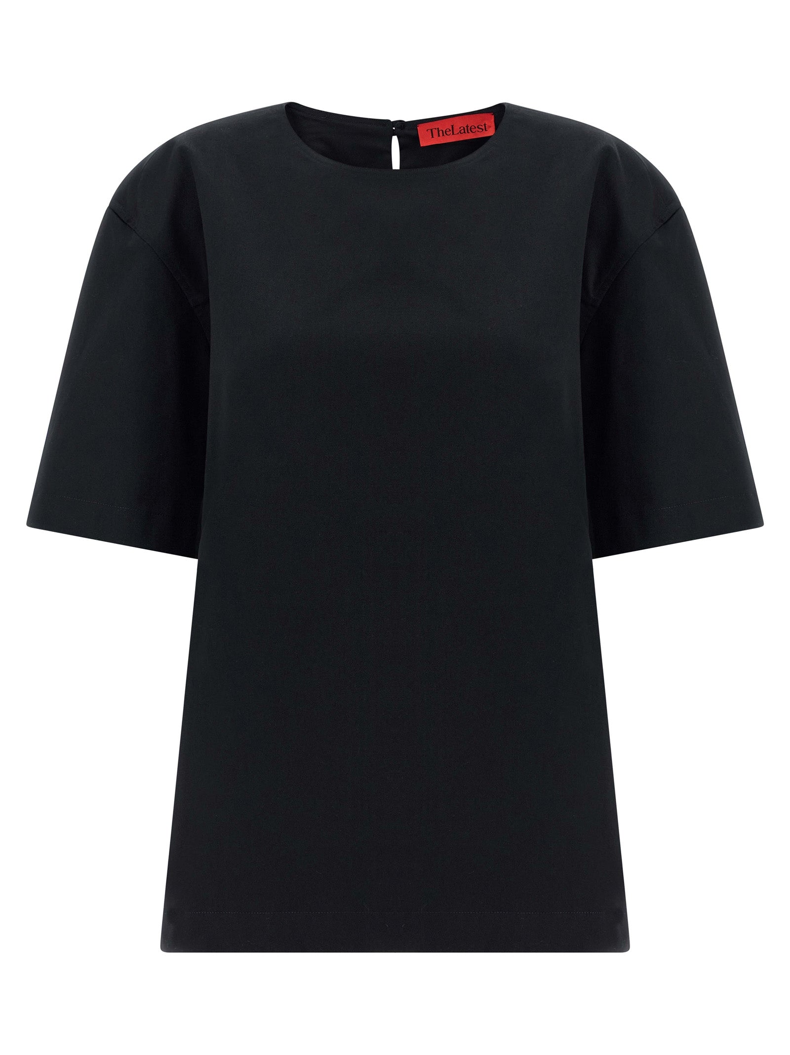 T-Shirt by THELATEST for women in stretch cotton black showcases a chic silhouette, artfully detailed with a chic and short-sleeve for a chic finish.