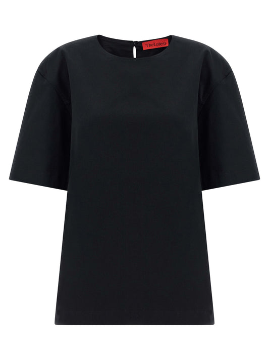 T-Shirt by THELATEST for women in stretch cotton black showcases a chic silhouette, artfully detailed with a chic and short-sleeve for a chic finish.