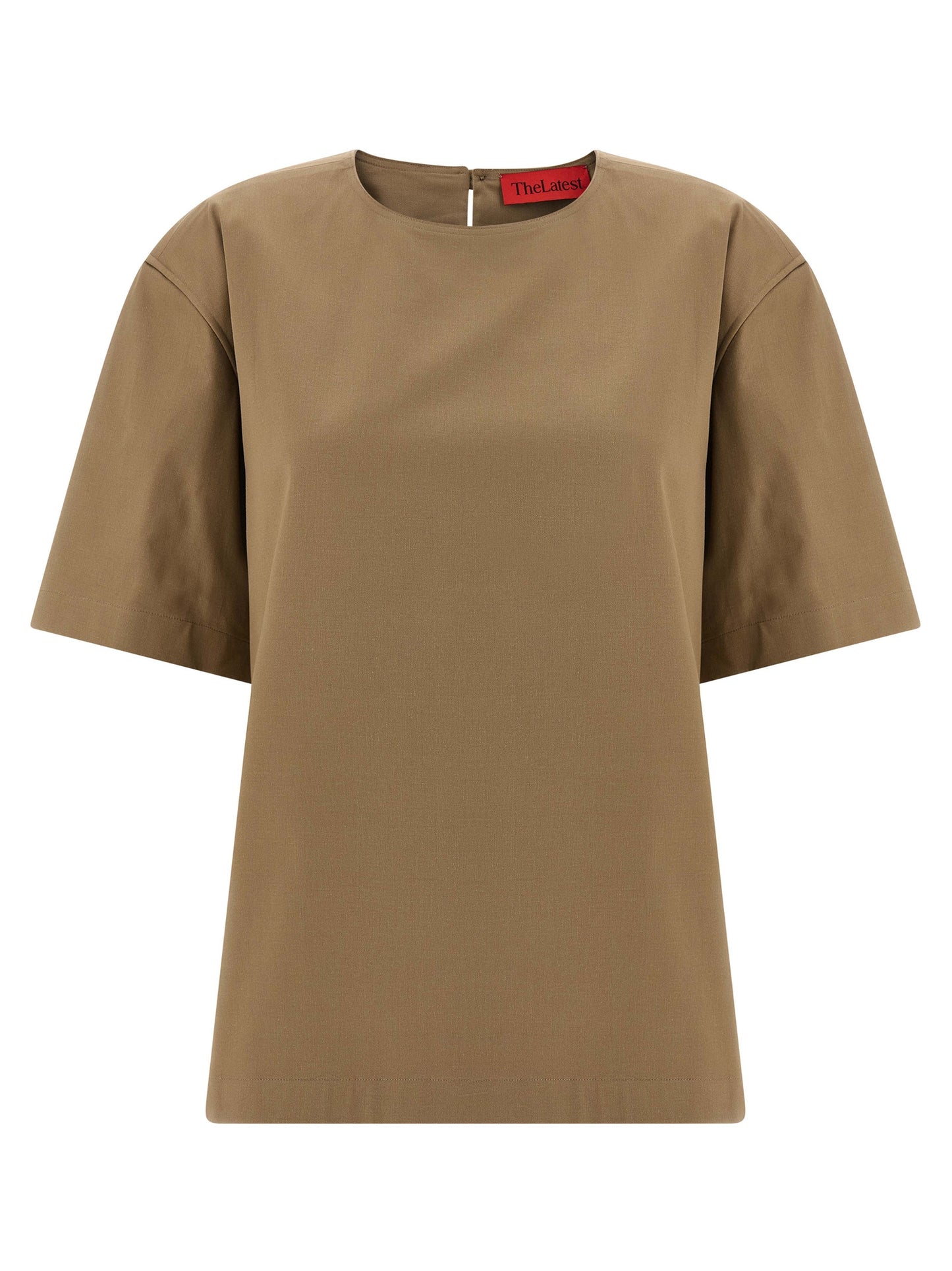 T-Shirt by THELATEST for women in stretch cotton brown showcases a dramatic silhouette, elegantly detailed with a dramatic and short-sleeve for a truly dramatic finish.