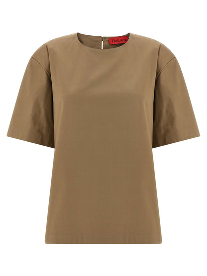 T-Shirt by THELATEST for women in stretch cotton brown showcases a dramatic silhouette, elegantly detailed with a dramatic and short-sleeve for a truly dramatic finish.