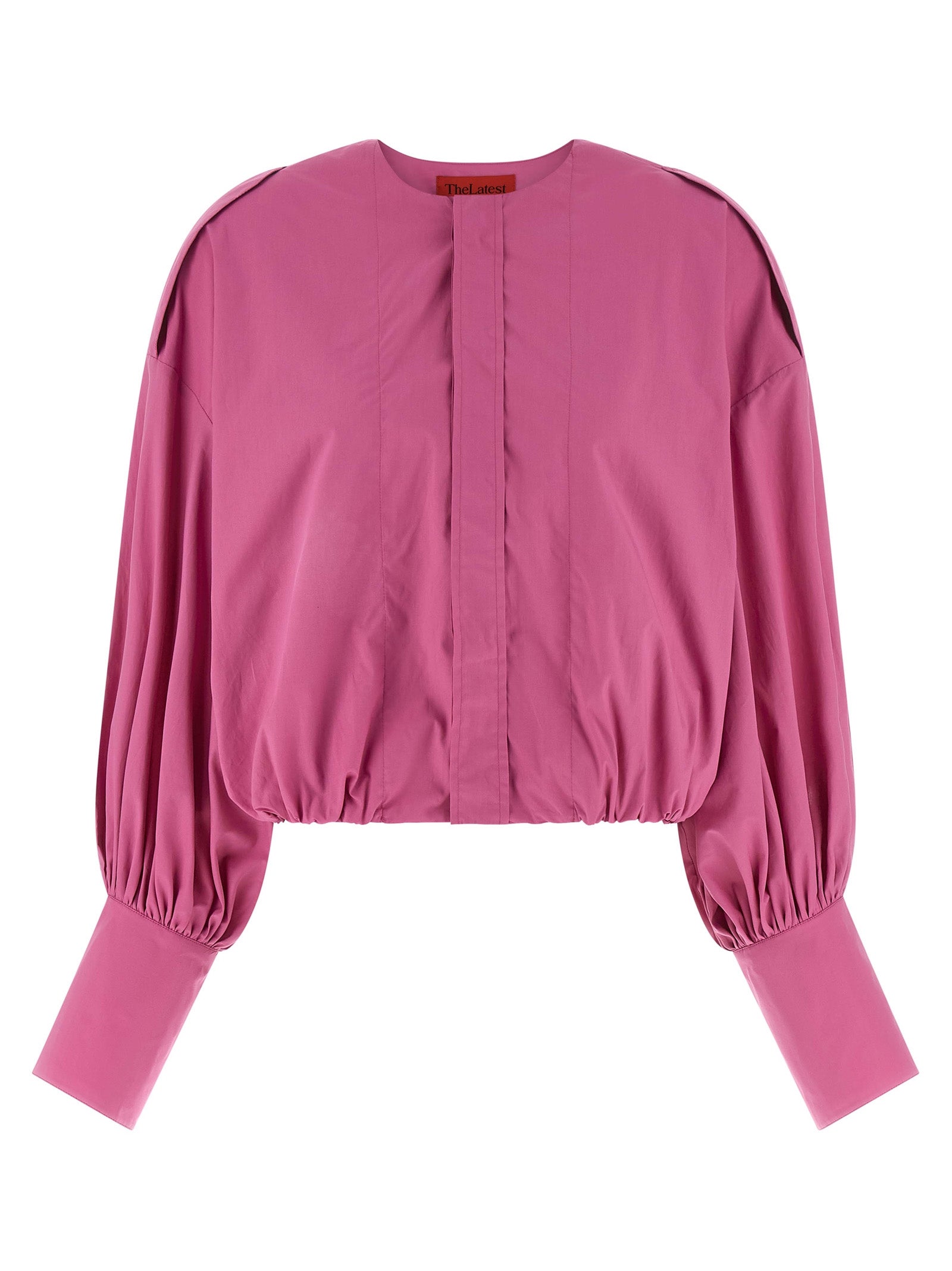 Blouse by THELATEST for women in cotton fuchsia, featuring a nuanced and nuanced crew neckline for a sophisticated finish.