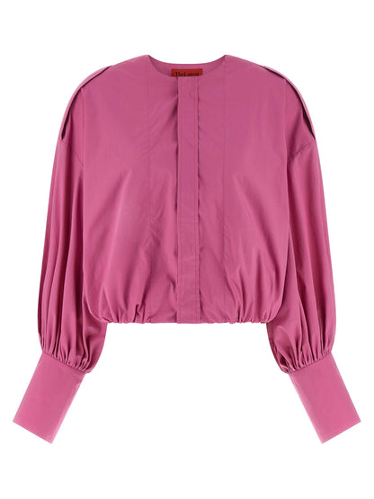 Blouse by THELATEST for women in cotton fuchsia, featuring a nuanced and nuanced crew neckline for a sophisticated finish.