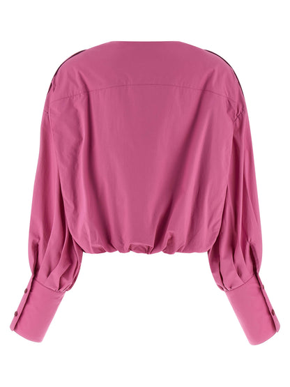 Blouse by THELATEST for women in cotton fuchsia features an polished silhouette, showcasing a sophisticated crew neckline and detail for a truly polished finish.