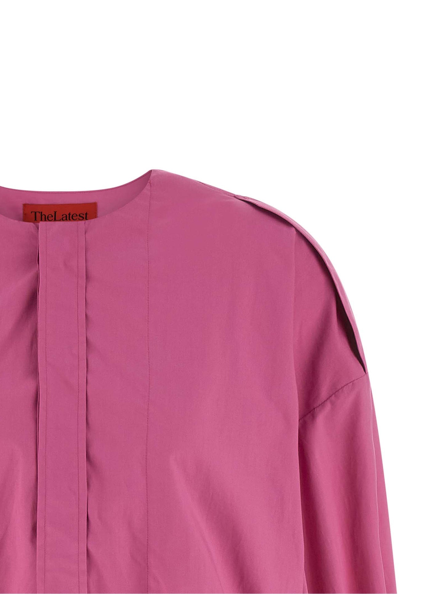 Blouse by THELATEST for women in cotton fuchsia showcases a sleek silhouette, elegantly detailed with a sleek crew neckline and for a sleek finish.